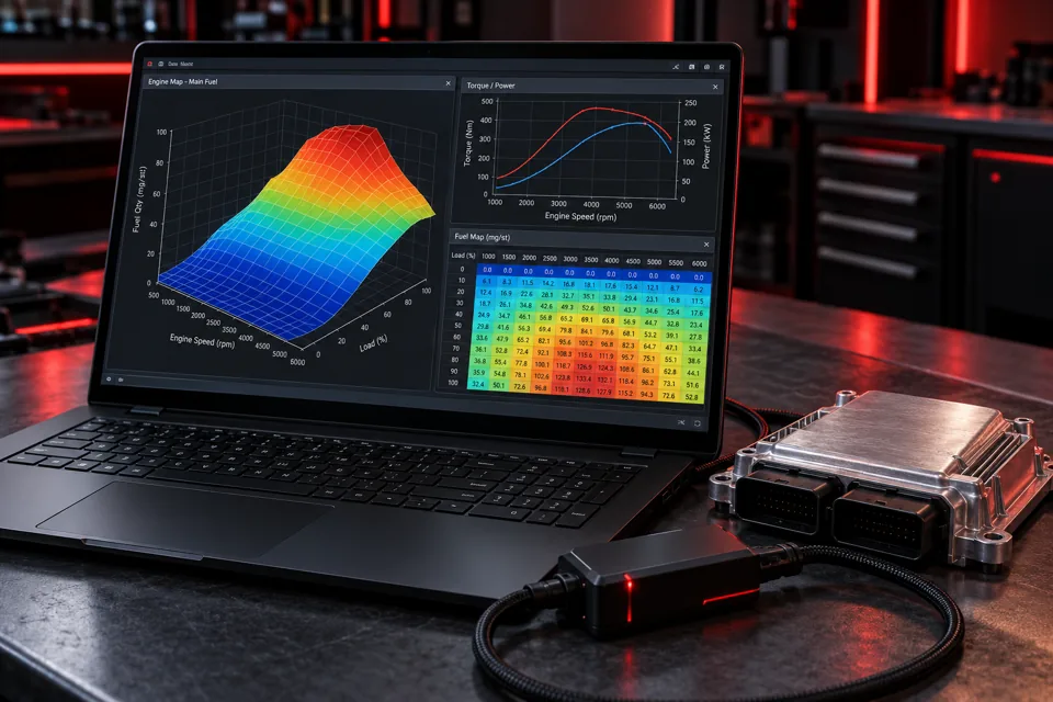 Ilustrație de concept: hărți de calibrare software ECU pe laptop